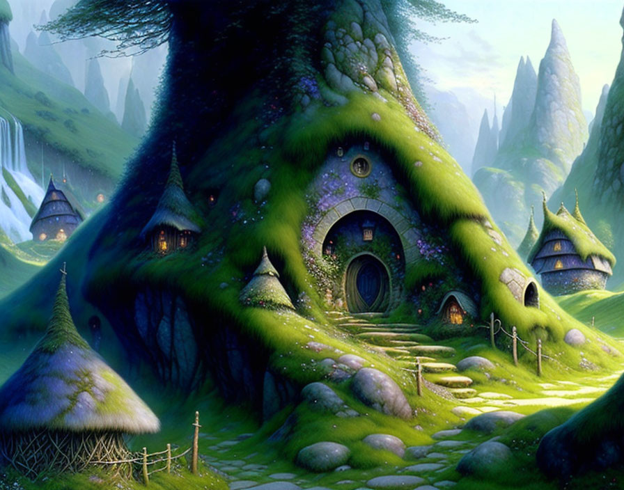 Whimsical fantasy landscape with mushroom-shaped houses, lush greenery, and waterfalls