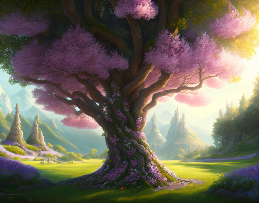 Majestic blossoming tree in fantastical landscape