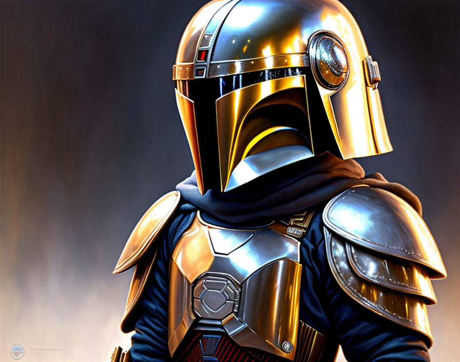 Futuristic armored character with golden helmet and cape