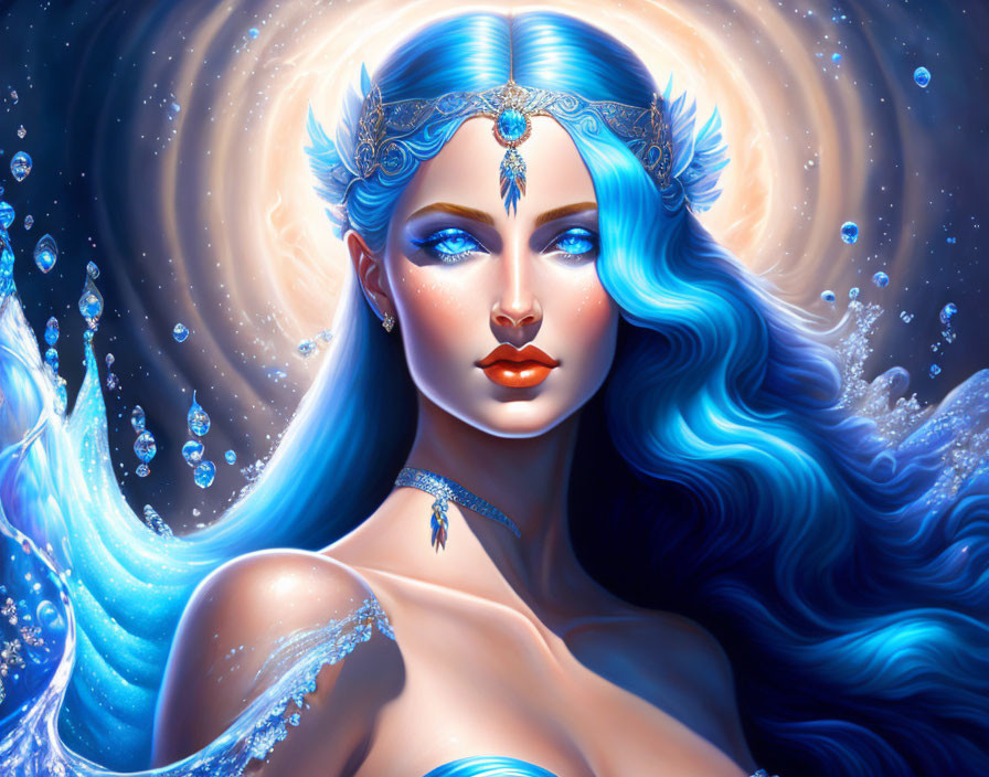 Fantastical female figure with blue skin and cosmic backdrop.