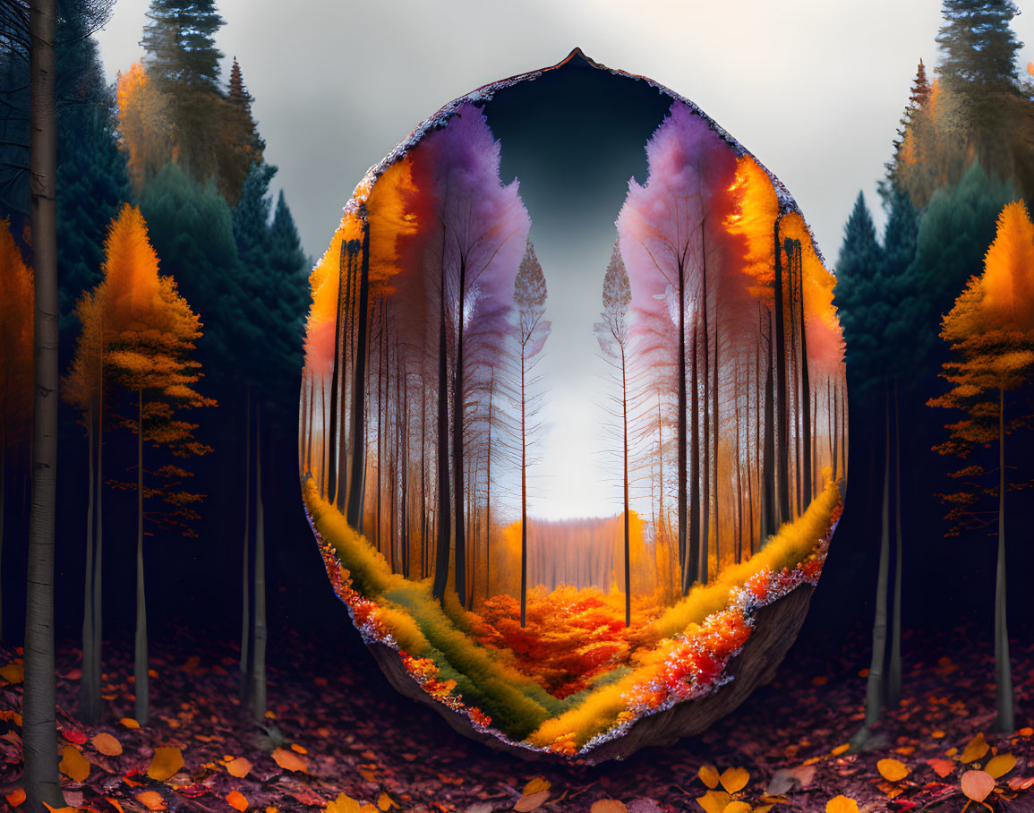 Circular forest scene with autumn hues reflecting symmetrically