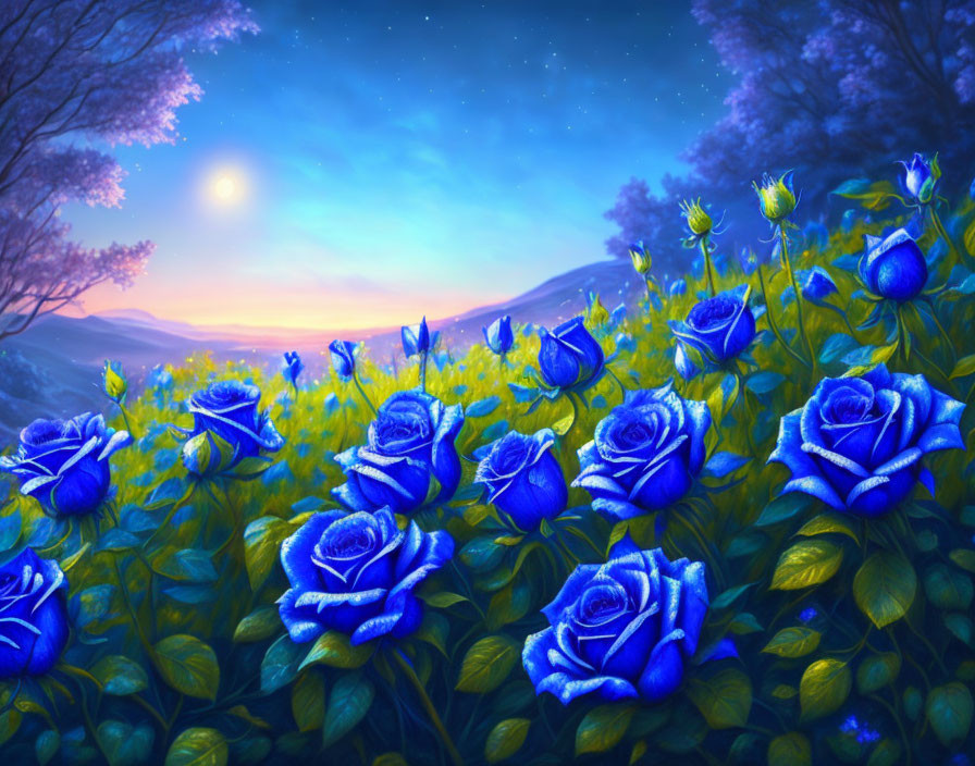 Blue roses bloom under twilight sky with moon and mountain landscape