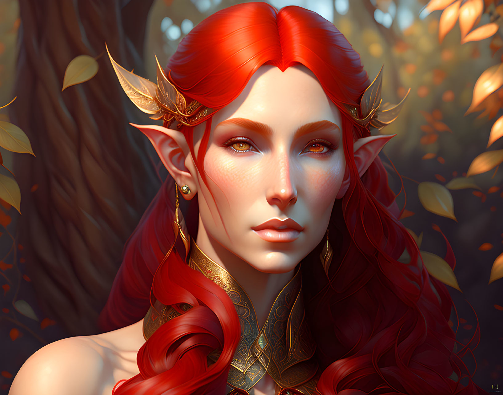 Red-haired elfin female with golden jewelry in autumn leaves.