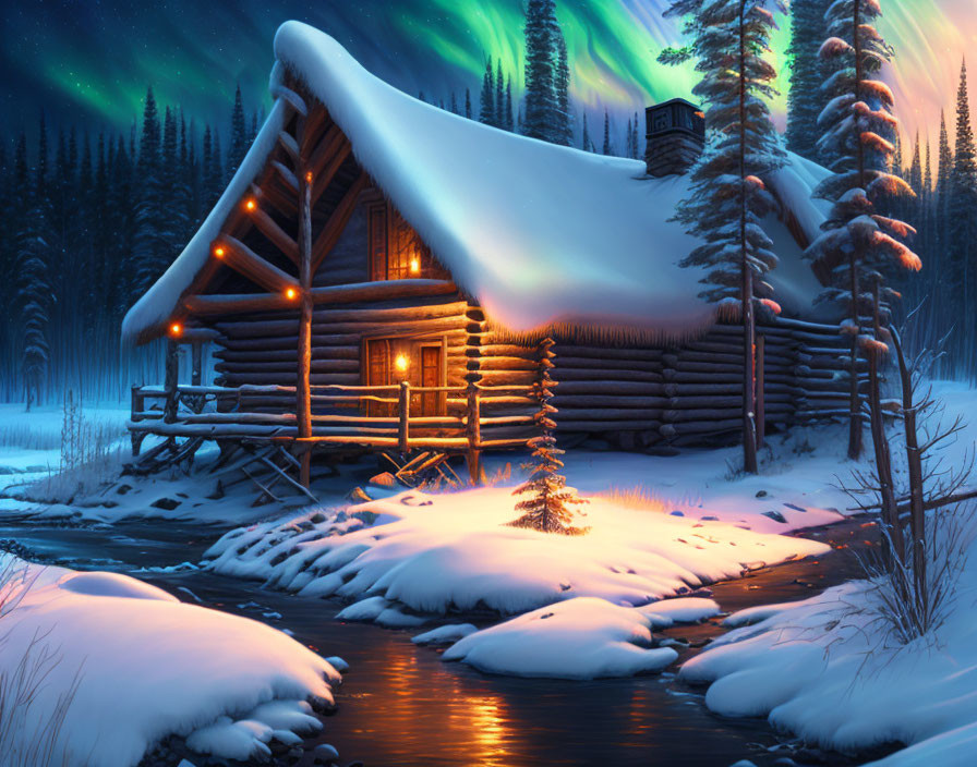 Winter log cabin under Northern Lights in snowy landscape