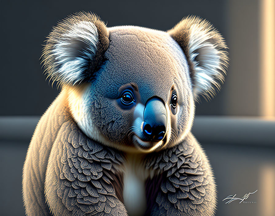 Detailed digital artwork of a koala with fluffy ears and textured nose on dark backdrop