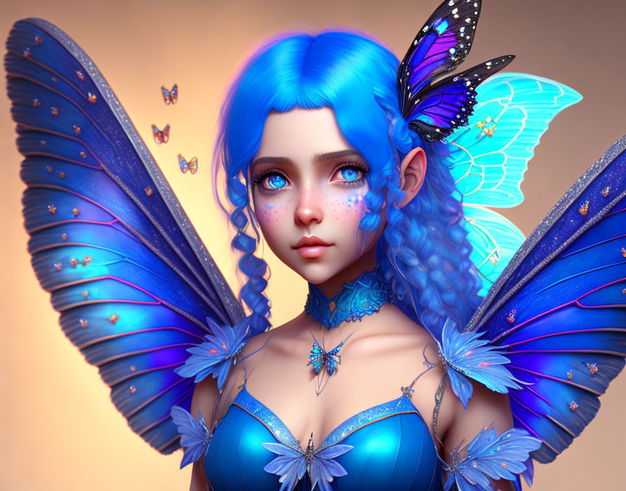 Digital Art Portrait of Girl with Blue Hair and Butterfly Wings in Fantasy Aesthetic