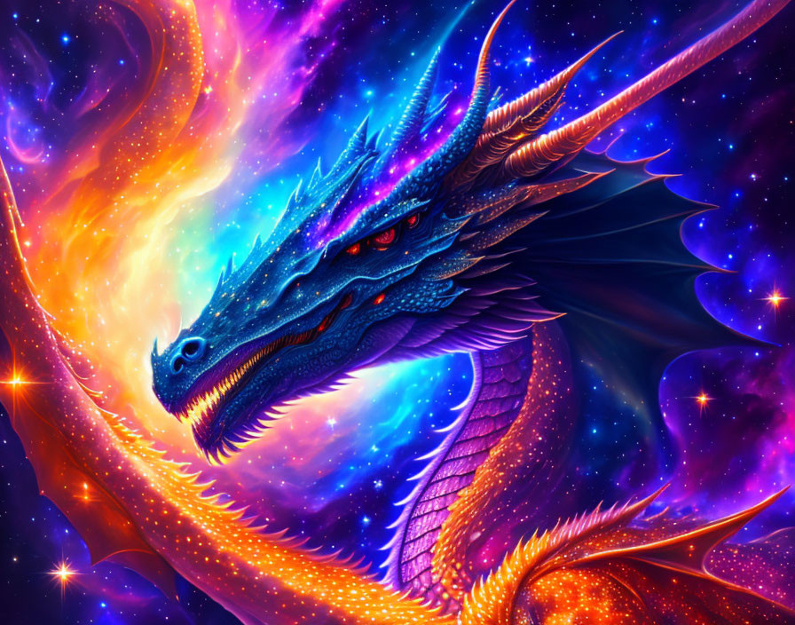 Blue dragon digital artwork with golden accents in cosmic backdrop