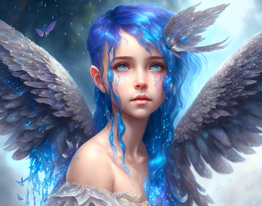 Fantasy illustration of young girl with blue hair, wings, teardrops, glow, and butterfly