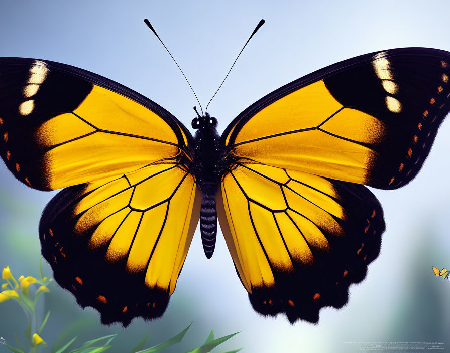 Yellow and Black Butterfly with Open Wings Against Soft-focus Background