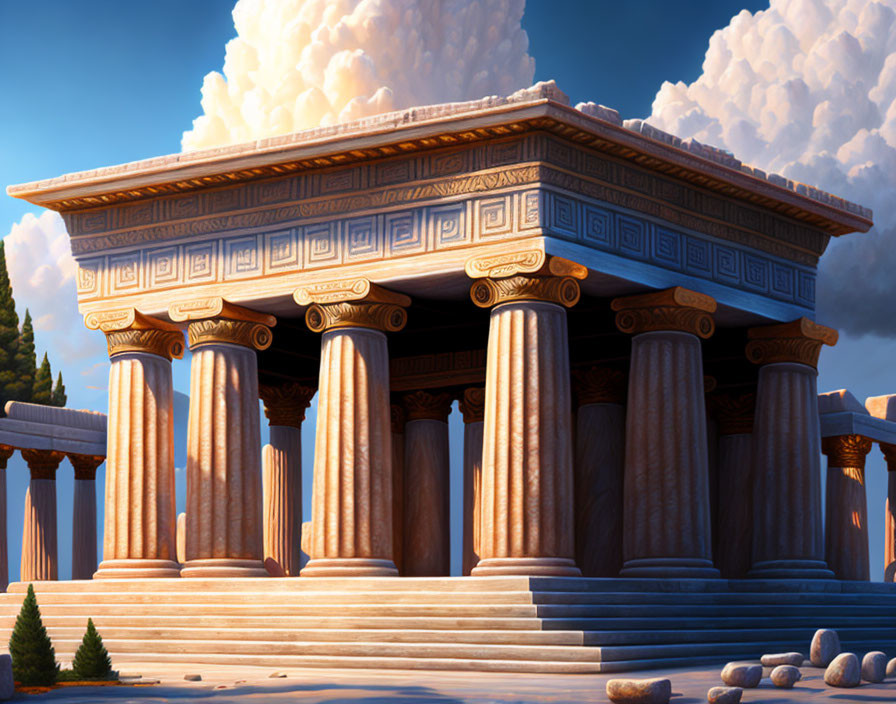 Ancient Greek-style temple with Doric columns under blue sky