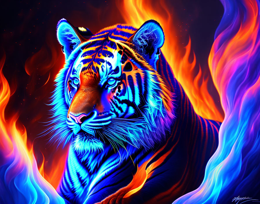 Colorful Tiger Artwork with Blue and Orange Stripes in Flames