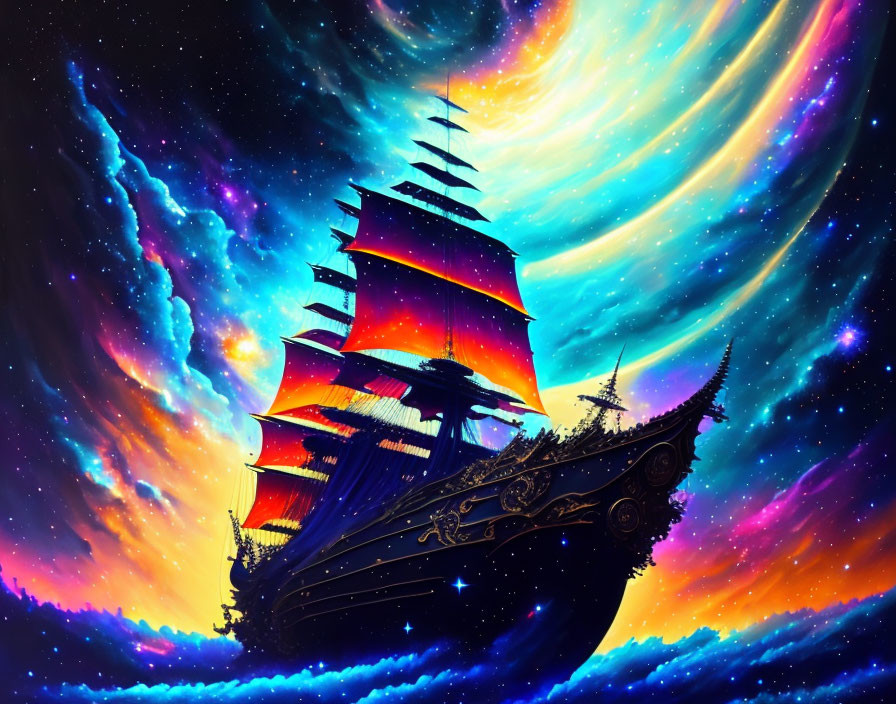 Fantastical ship sailing through vibrant cosmic sky