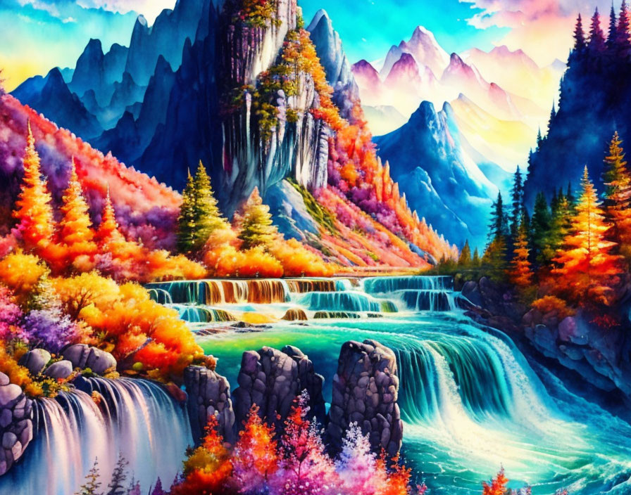 Scenic painting of waterfalls, autumn trees, and mountains