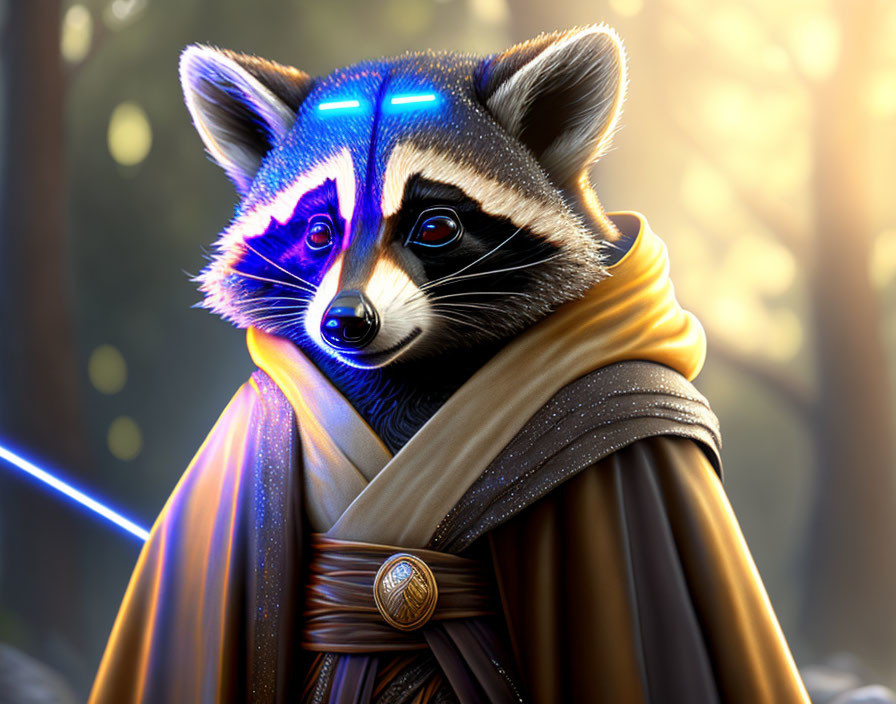 Anthropomorphic raccoon with blue glowing eyes in futuristic attire