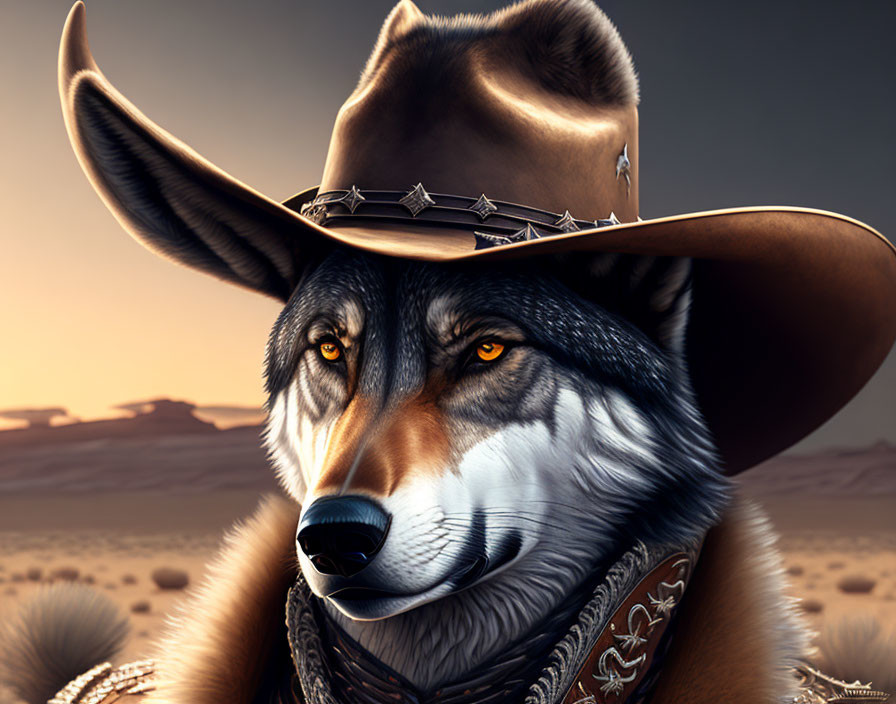 Stylized wolf with sheriff's hat and bandana in Wild West desert.