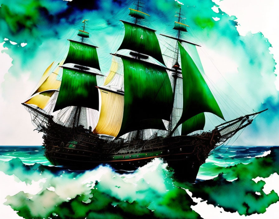 Vintage Sailing Ship with Green Sails on Turbulent Sea: Artistic Fantasy Palette