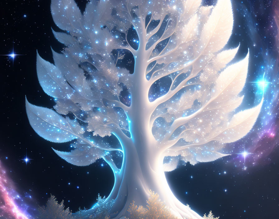 Fantasy tree with glowing leaves under starry night sky