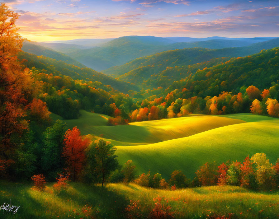 Vibrant autumn landscape with rolling hills and fall foliage