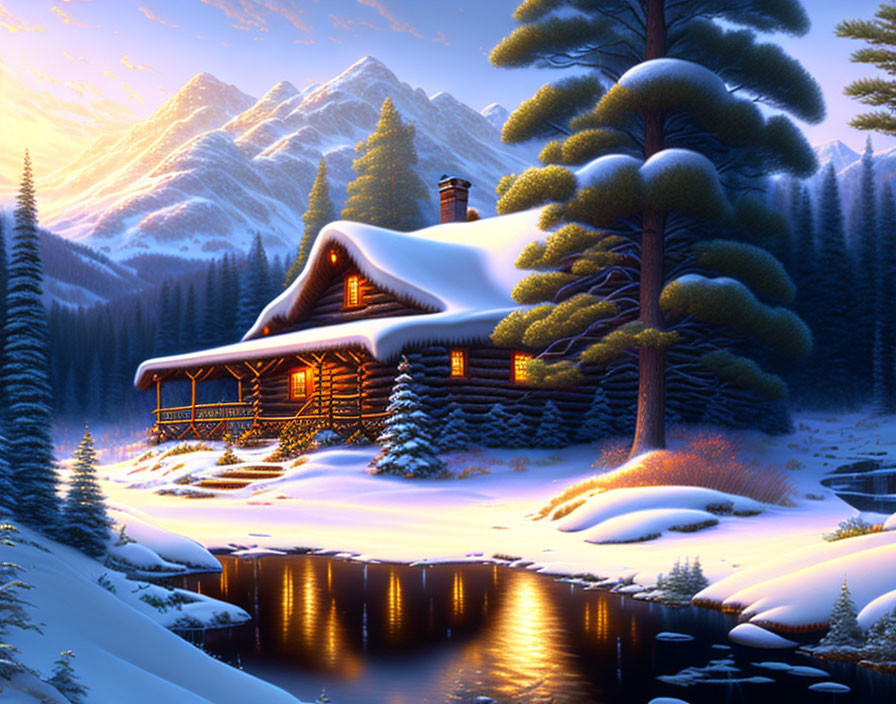 Snow-covered log cabin nestled among pine trees by river at dusk