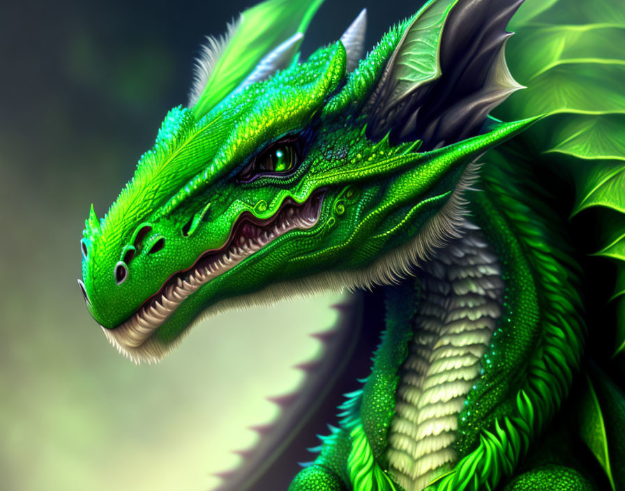 Detailed Green Dragon Illustration with Sharp Scales and Spikes