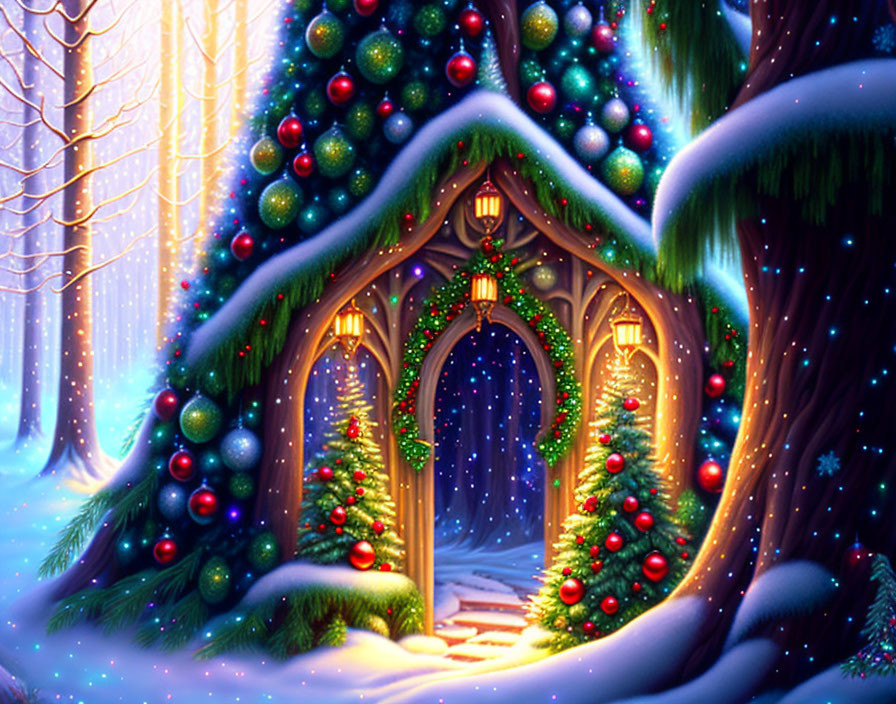 Snow-covered trees, Christmas archway, colorful ornaments, lights, glowing lantern in winter scene