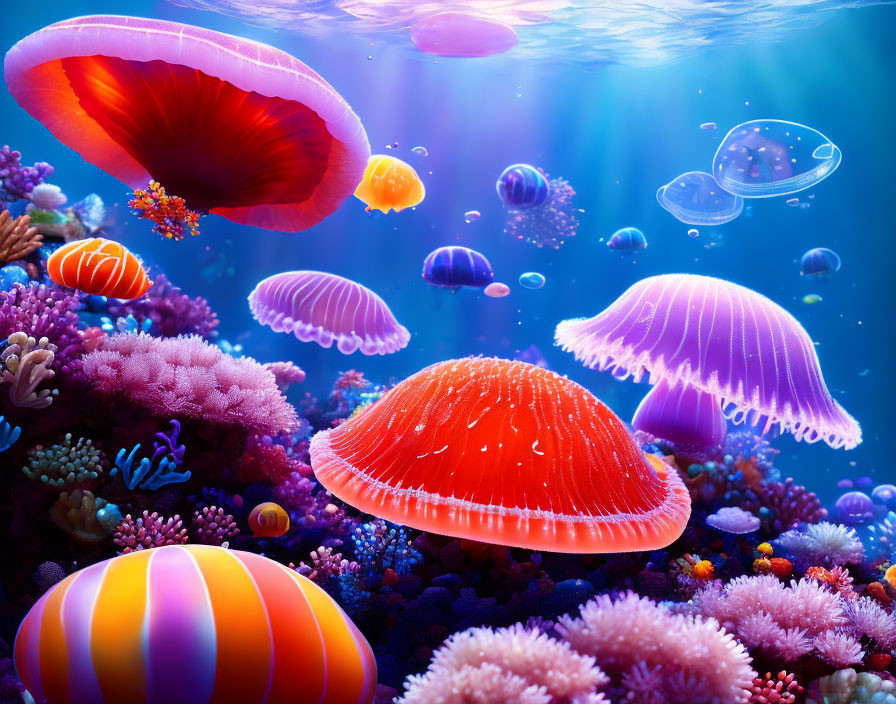 Colorful Jellyfish and Marine Life in Vibrant Underwater Scene