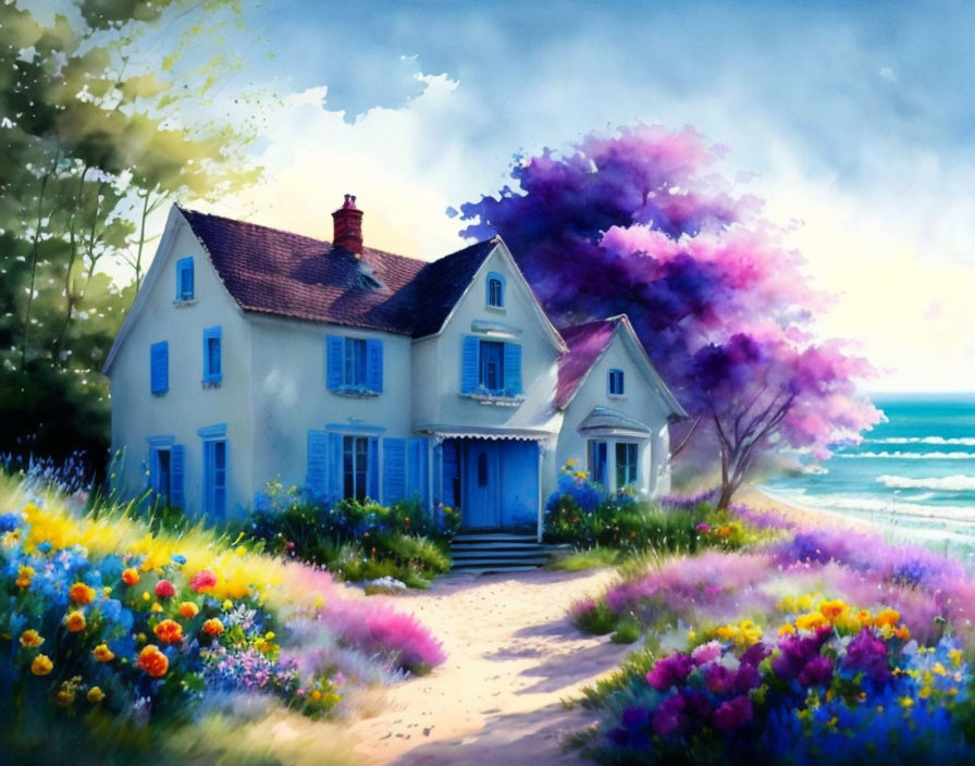 Blue house with vibrant flowers near beach under sunny sky