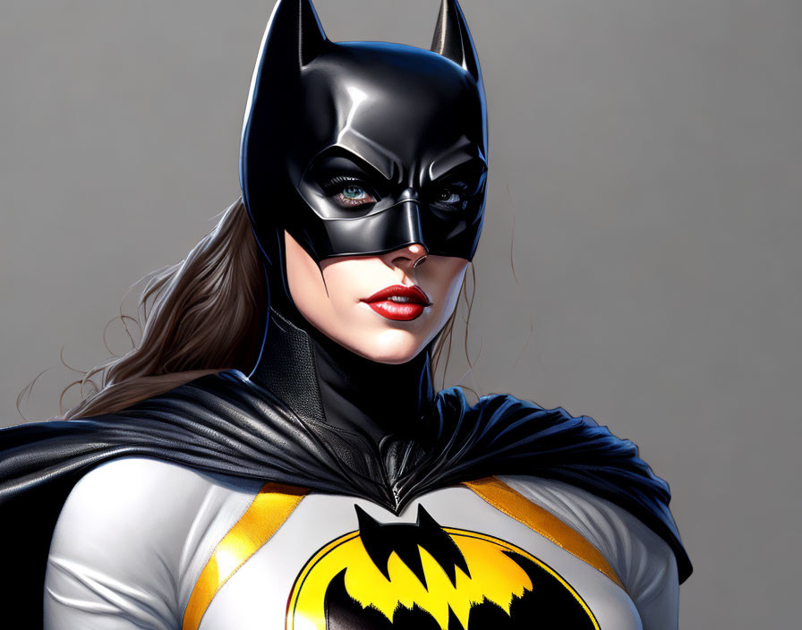 Female superhero with bat emblem, black mask, cowl, flowing hair, and cape.