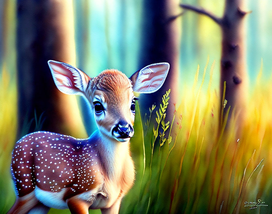 Young deer illustration in forest clearing with sunlight.