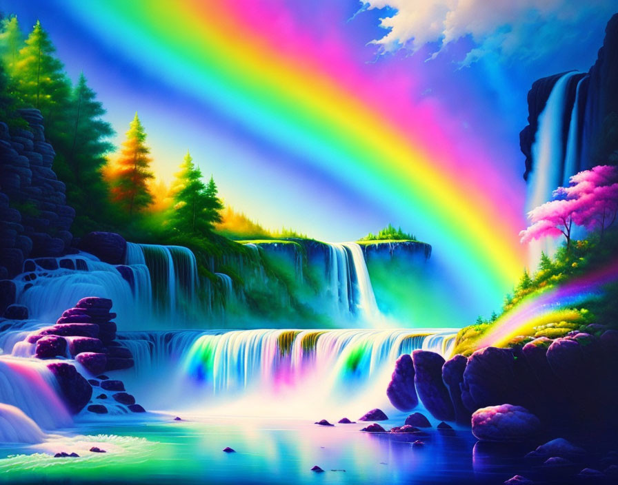 Colorful digital artwork: Waterfall cascading amid lush greenery with rainbow in clear sky