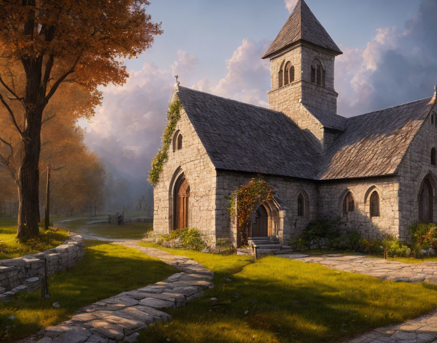 Stone church with bell tower in lush setting at sunrise or sunset.