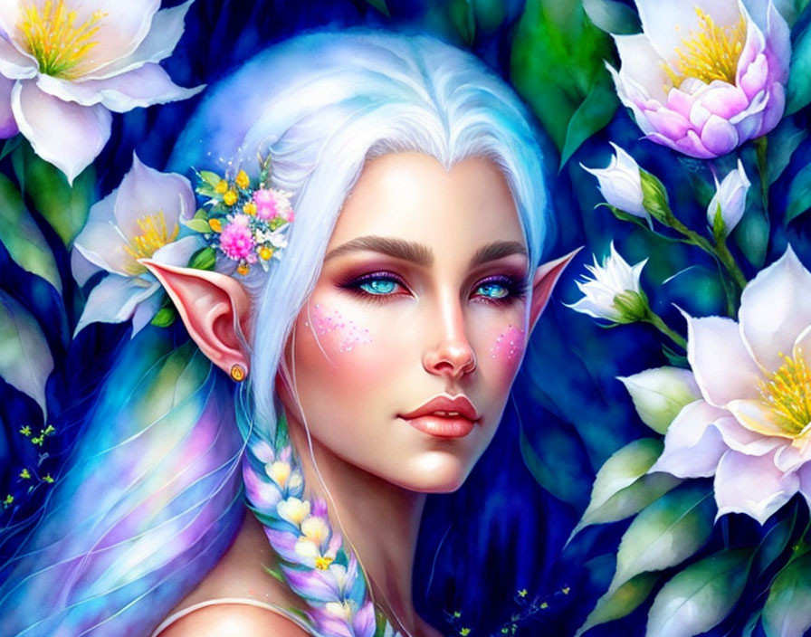 Fantasy elf with blue hair in vibrant floral surroundings