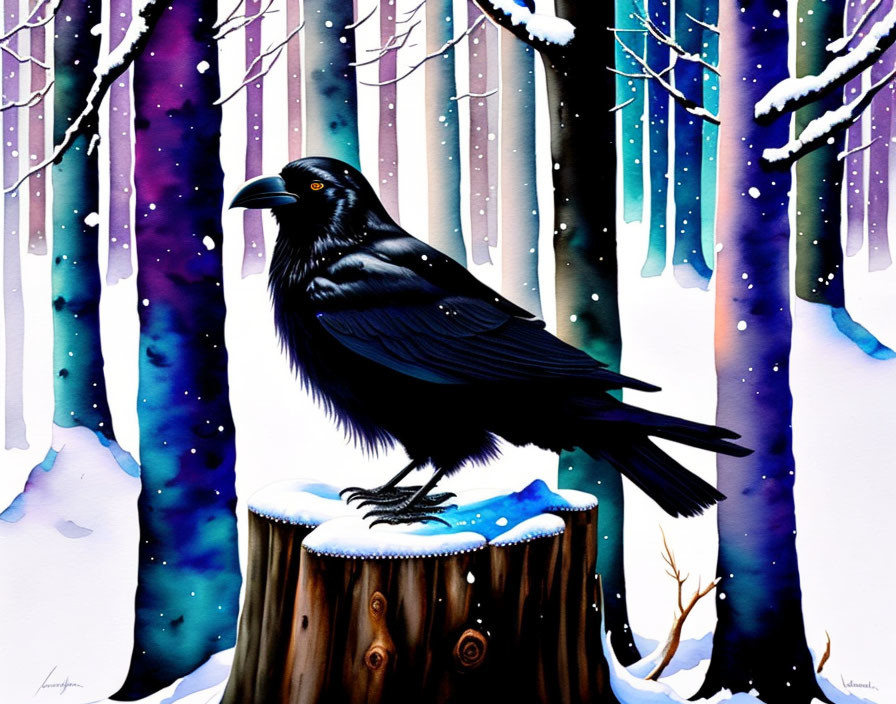 Black raven on snow-covered stump in serene winter forest