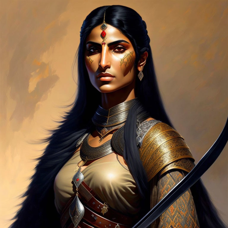 Digital artwork of fierce woman in traditional Indian warrior attire with sword