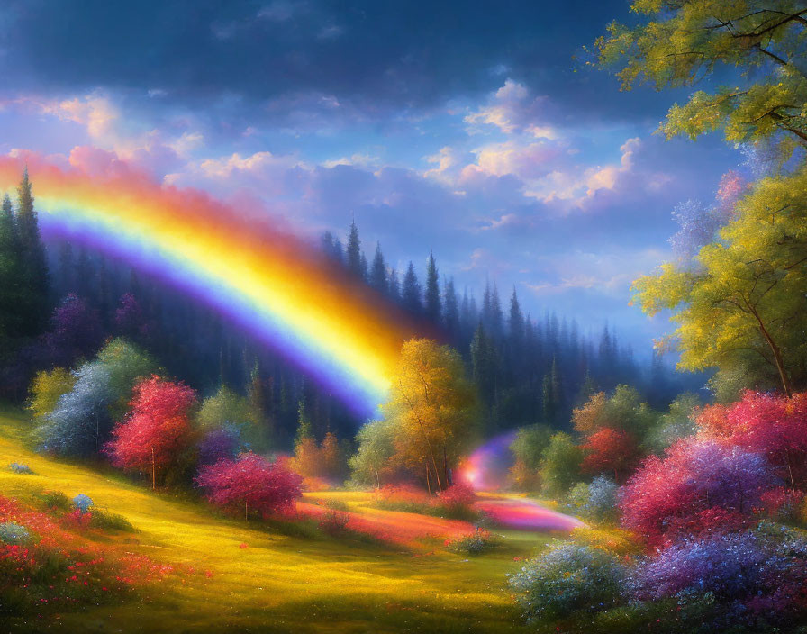 Colorful Forest Painting with Rainbow Over Meadow