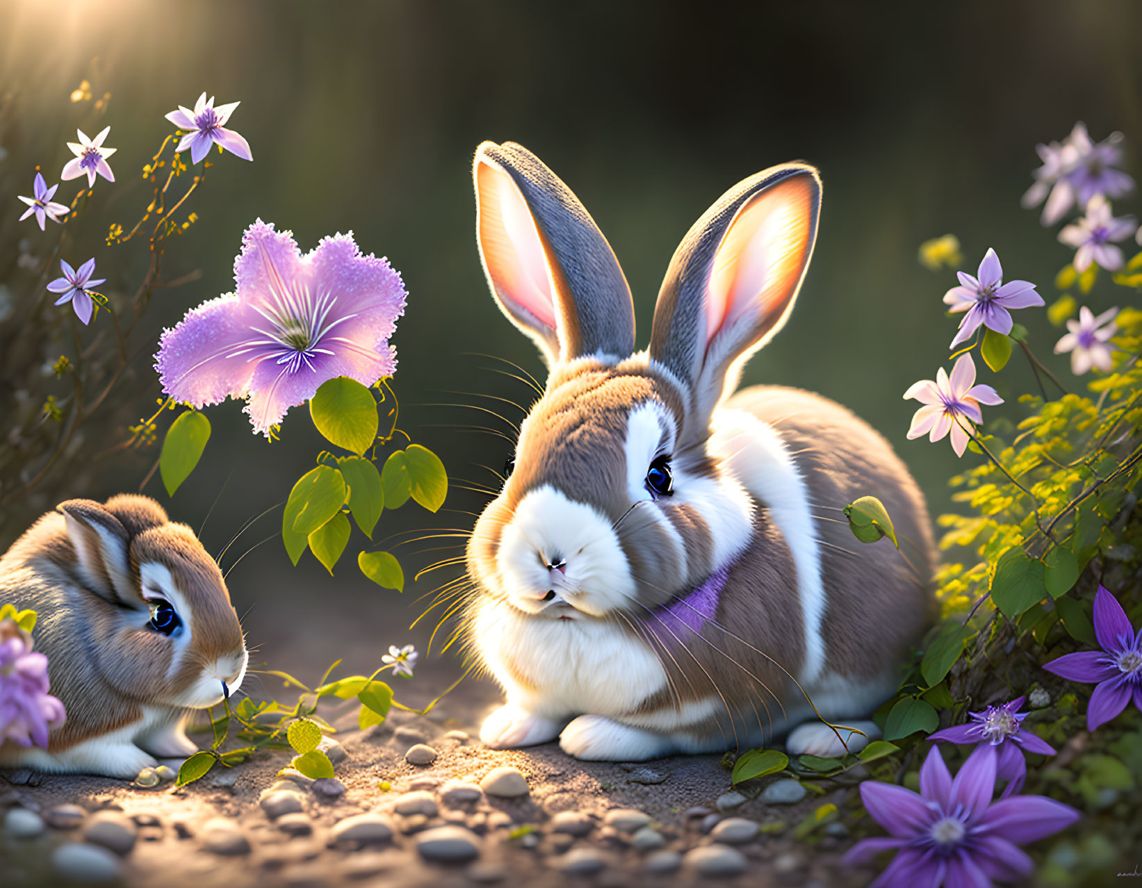 Rabbits in botanical setting with soft bokeh backdrop