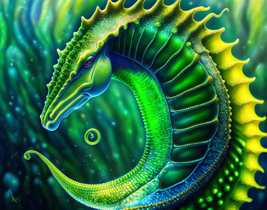 Colorful seahorse illustration with intricate patterns and neon colors