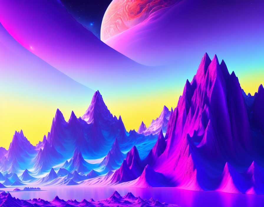 Neon pink and blue alien landscape with jagged mountains and large planet.