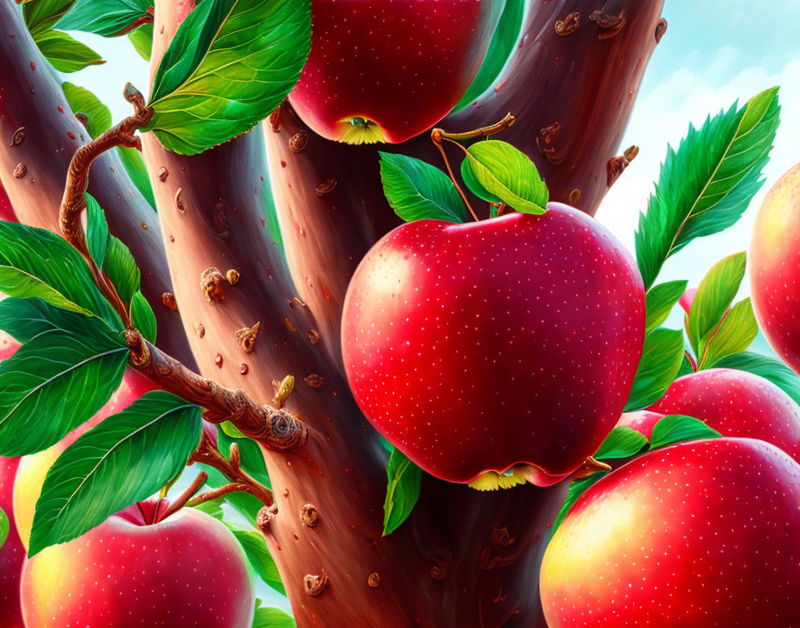 Colorful illustration of red apples on leafy branches against tree trunks and clear sky