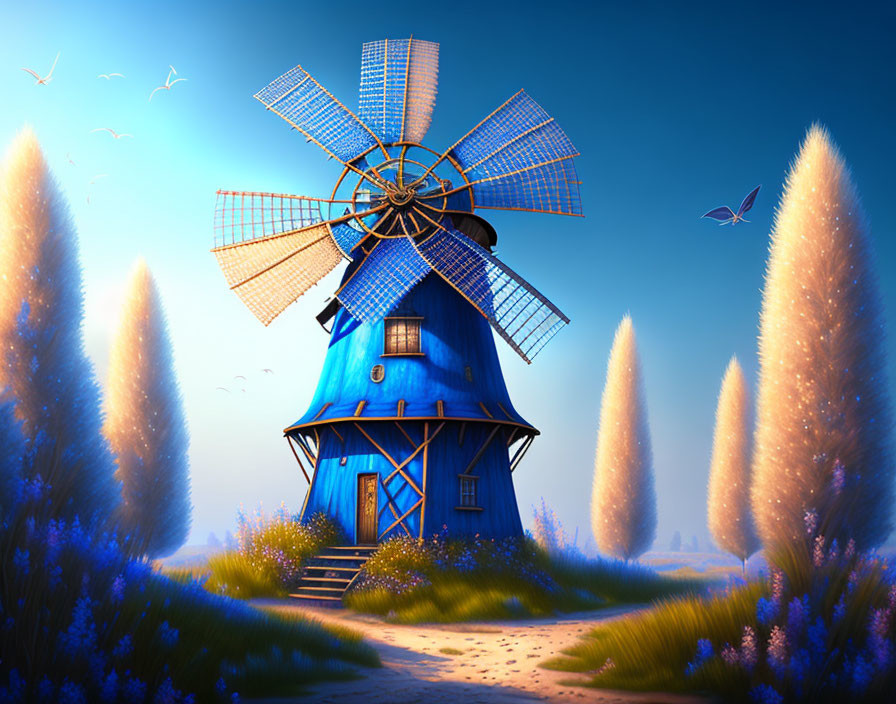 Colorful digital art: Blue windmill in serene field with tall grasses under glowing sky.