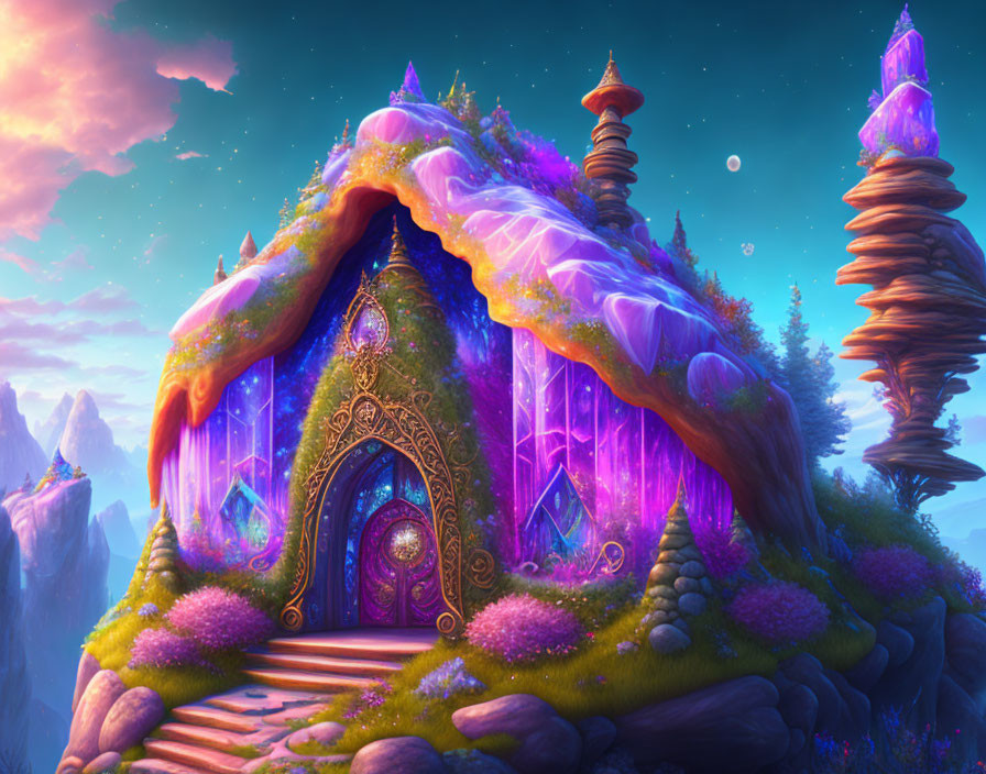 Purple Crystal House in Magical Landscape with Glowing Door & Windows