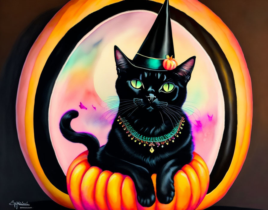 Black Cat in Witch Hat Inside Carved Pumpkin with Glowing Background