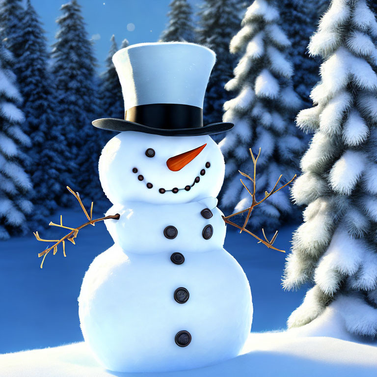 Cheerful snowman with top hat and carrot nose in snowy pine tree scene