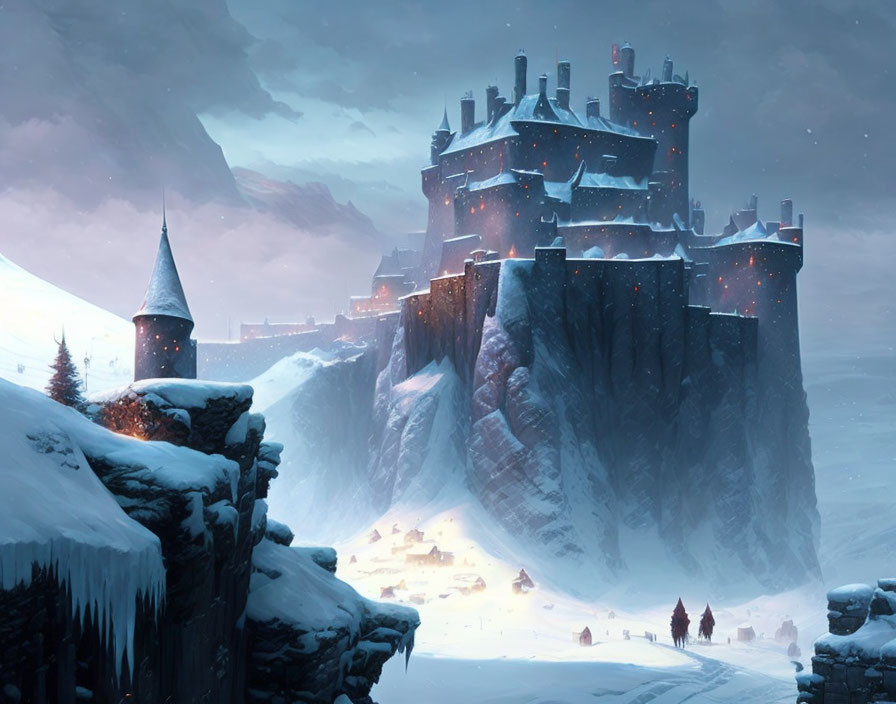 Snow-covered castle on cliff with warmly lit windows overlooking wintry landscape at twilight