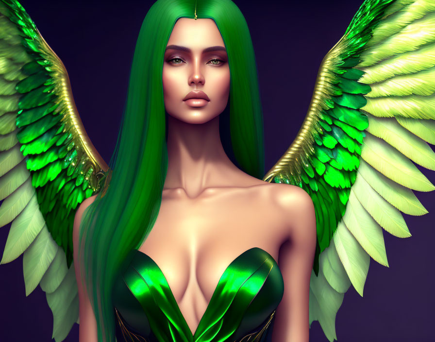 3D illustration of woman with green hair and angel wings on purple background