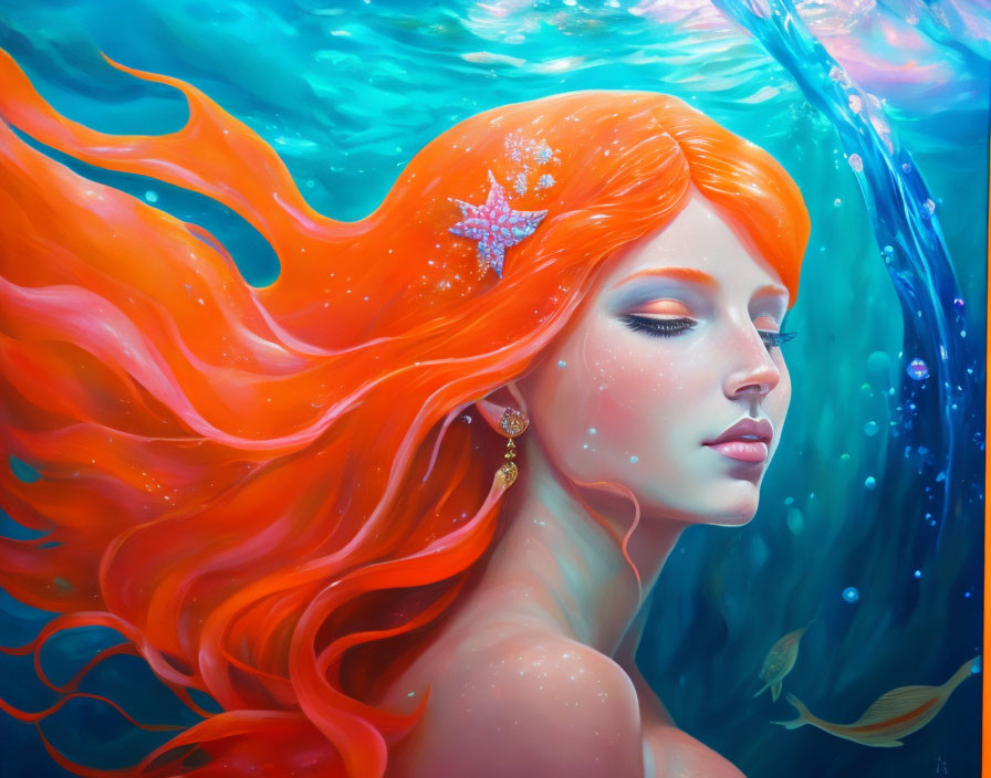 Orange-haired mermaid with starfish, fish, and bubbles in serene underwater scene