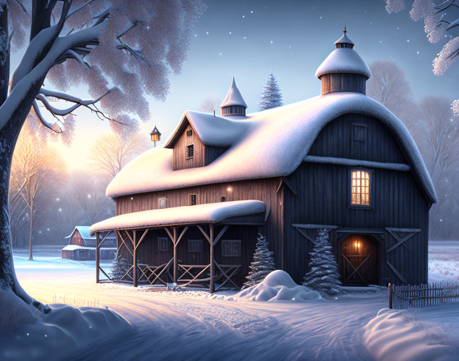 Snow-covered barn at dusk with illuminated interior in serene winter landscape