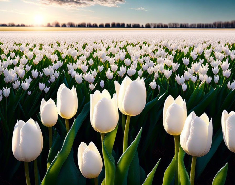 Scenic sunset landscape with blooming white tulips