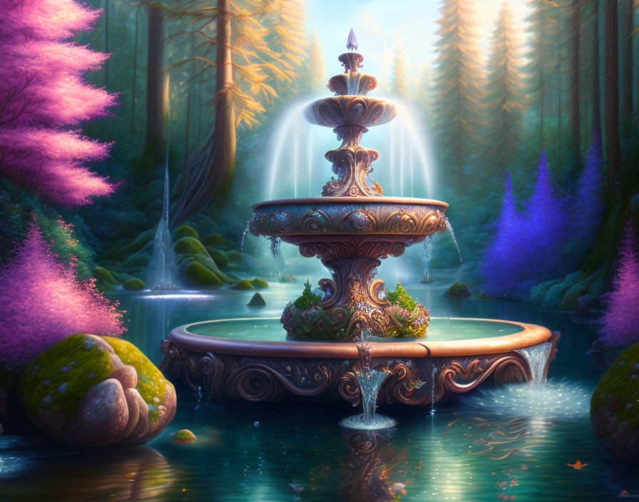 Enchanting forest scene: sunrise, ornate fountain, pink trees, greenery, sunlight.