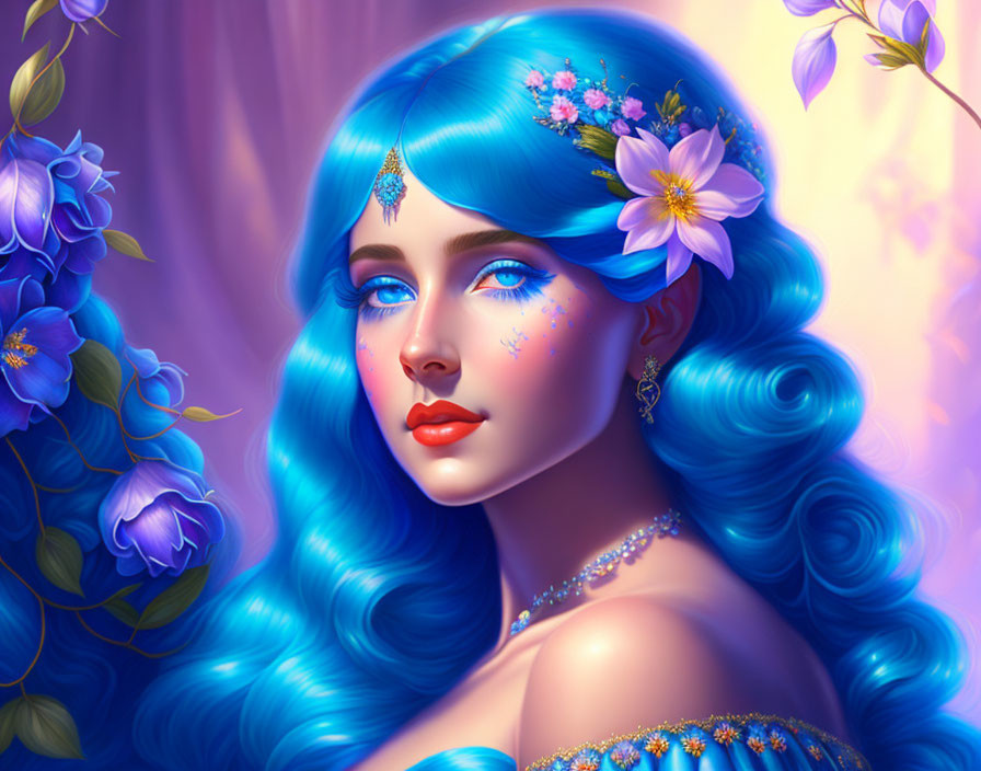 Digital Artwork: Woman with Blue Hair and Floral Dress on Floral Background